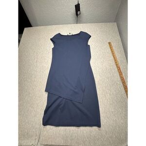 LAFAYETTE 148 Size P Midi Sheath Dress Navy Blue Sleeveless Stretch Asymmetrical